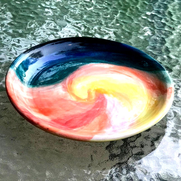 Spiral Pattern Pottery Plate in Teal, Coral, and Yellow/Handcrafted Pottery - Picture 5 of 9